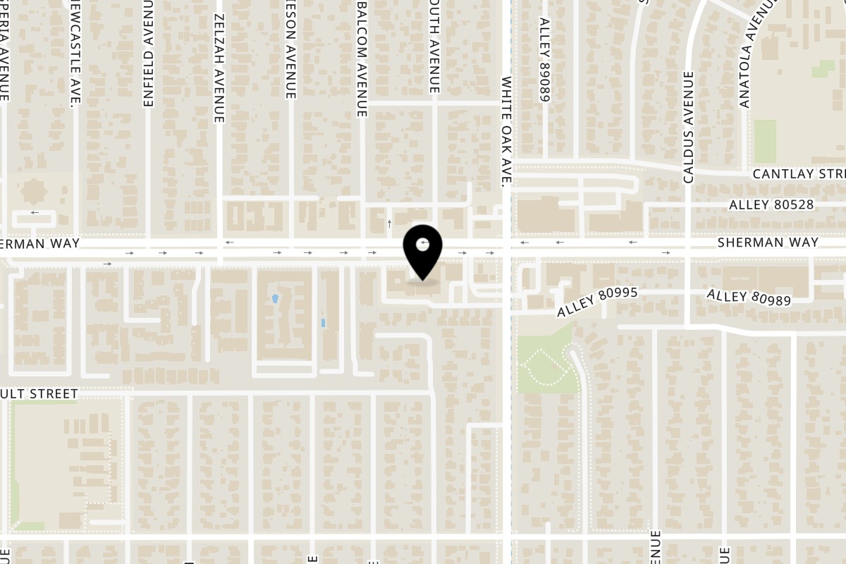 Map showing the location of Brami's Kosher Pizza on 17736 Sherman Way in Reseda